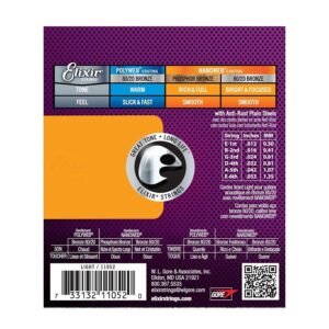 Elixir 11052 Light Nanoweb 80/20 Bronze Acoustic Guitar Strings 12-53