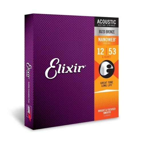Elixir 11052 Light Nanoweb 80/20 Bronze Acoustic Guitar Strings 12-53