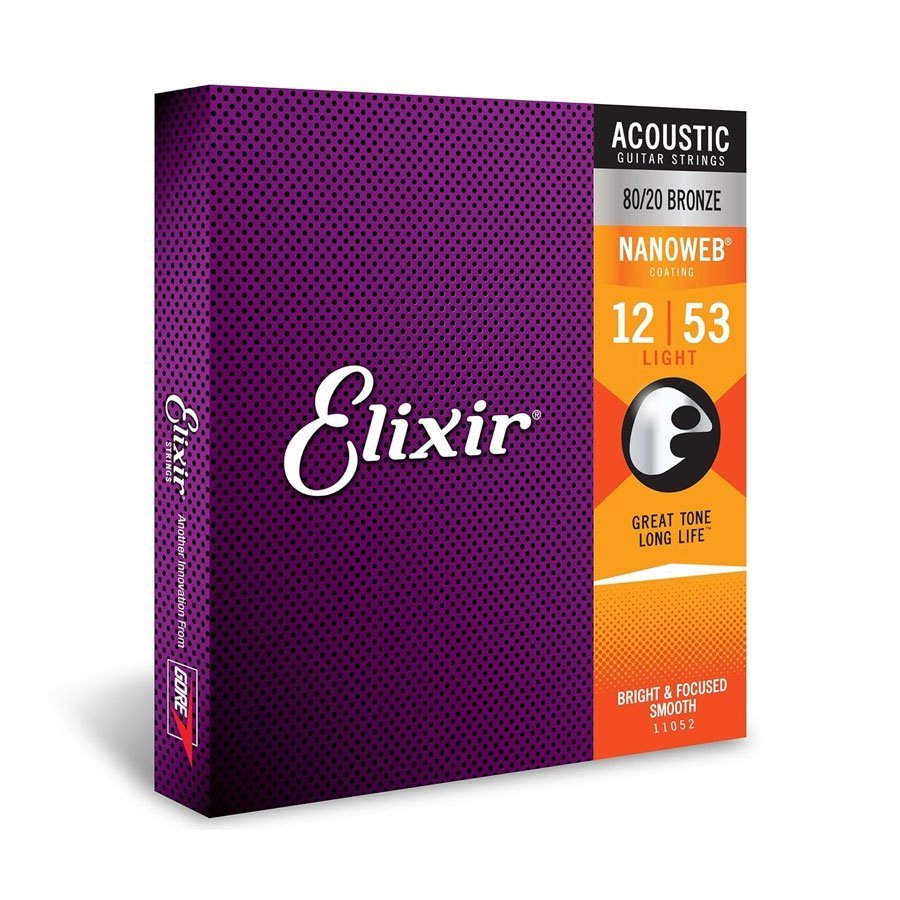 Elixir 11052 Light Nanoweb 80/20 Bronze Acoustic Guitar Strings 12-53