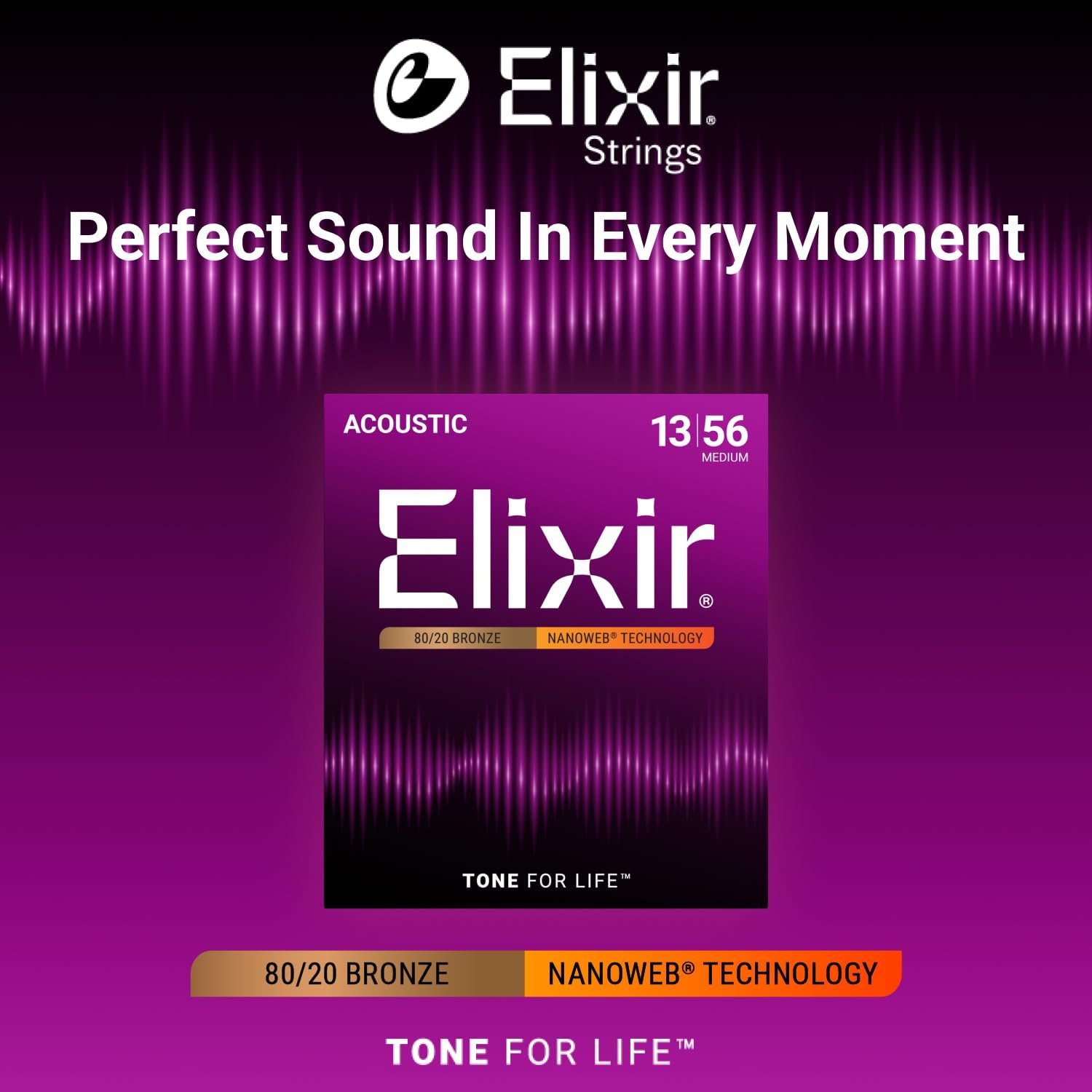 Elixir Strings Acoustic Guitar Strings, 6-String, Medium NANOWEB Coating