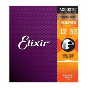 Elixir Acoustic Guitar Strings 80/20 Phosphor Bronze Nanoweb Coating 12-53 Light 16052