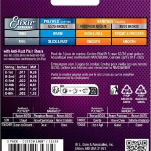 Elixir Strings, Acoustic Guitar Strings, 80/20 Bronze with NANOWEB Coating, Longest-Lasting Bright and Focused Tone with Comfortable Feel, 6 String Set, 3 Pack, Custom Light 11-52