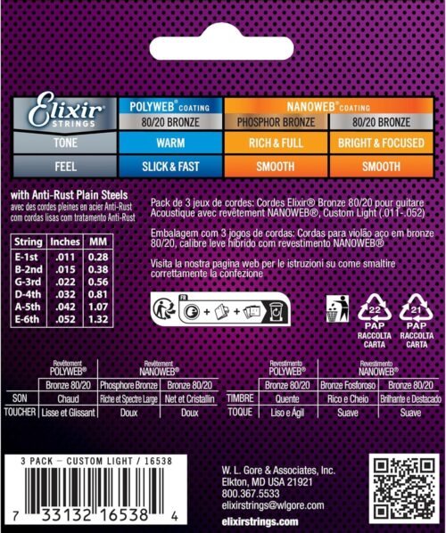 Elixir Strings, Acoustic Guitar Strings, 80/20 Bronze with NANOWEB Coating, Longest-Lasting Bright and Focused Tone with Comfortable Feel, 6 String Set, 3 Pack, Custom Light 11-52