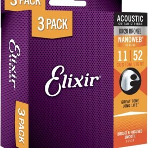 Elixir Strings, Acoustic Guitar Strings, 80/20 Bronze with NANOWEB Coating, Longest-Lasting Bright and Focused Tone with Comfortable Feel, 6 String Set, 3 Pack, Custom Light 11-52