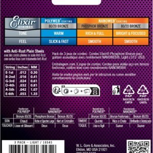 Elixir Strings, Acoustic Guitar Strings, Phosphor Bronze with NANOWEB Coating, Longest-Lasting Rich and Full Tone with Comfortable Feel, 6 String Set, 3 Pack, Light 12-53
