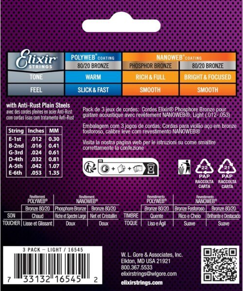 Elixir Strings, Acoustic Guitar Strings, Phosphor Bronze with NANOWEB Coating, Longest-Lasting Rich and Full Tone with Comfortable Feel, 6 String Set, 3 Pack, Light 12-53