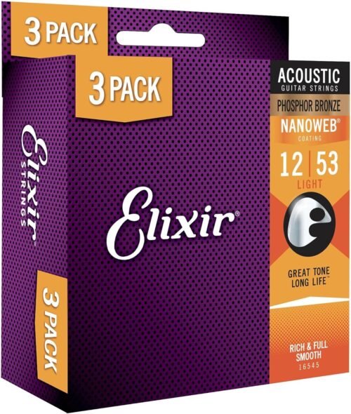 Elixir Strings, Acoustic Guitar Strings, Phosphor Bronze with NANOWEB Coating, Longest-Lasting Rich and Full Tone with Comfortable Feel, 6 String Set, 3 Pack, Light 12-53