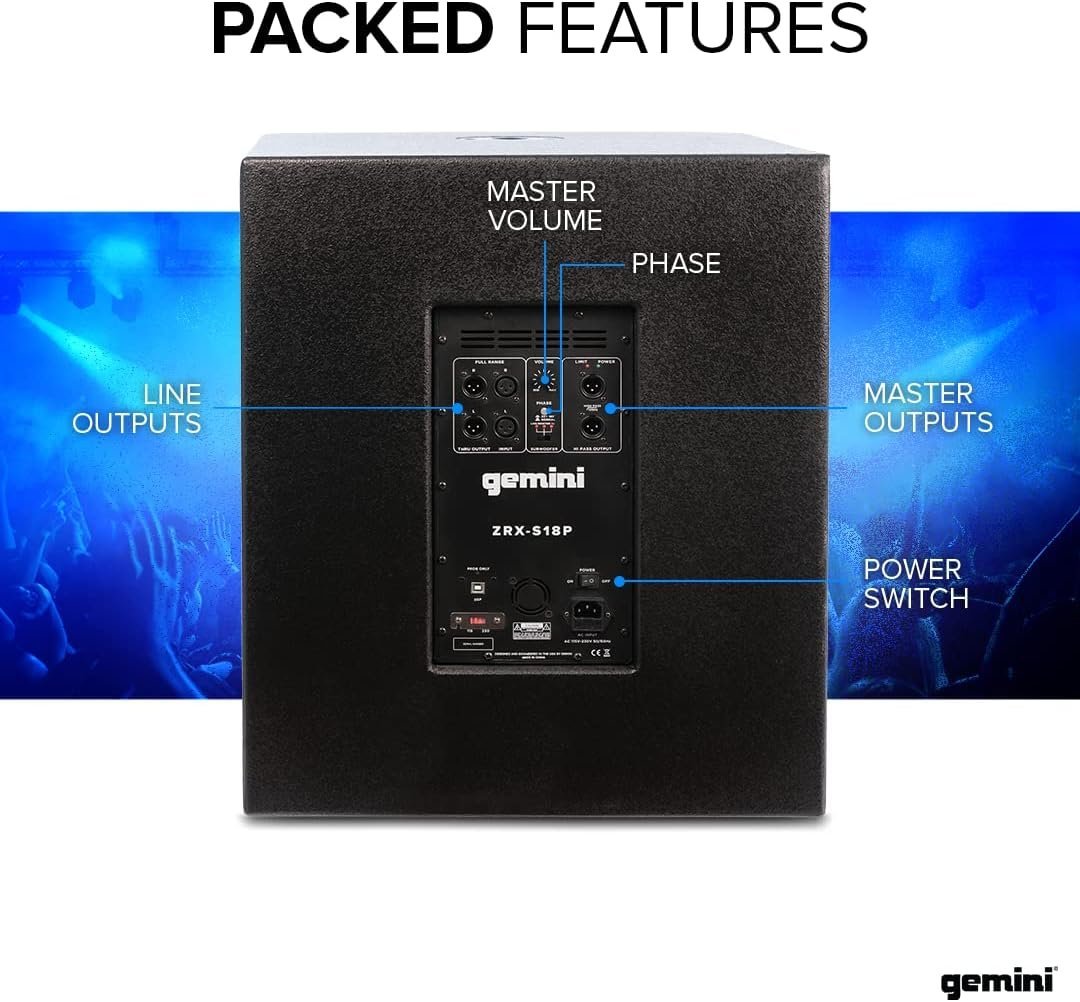 Gemini Sound ZRX-S18P 18" Inch Woofer Professional DJ PA Systems Active Powered Subwoofers with 1600W Watts Class D Digital