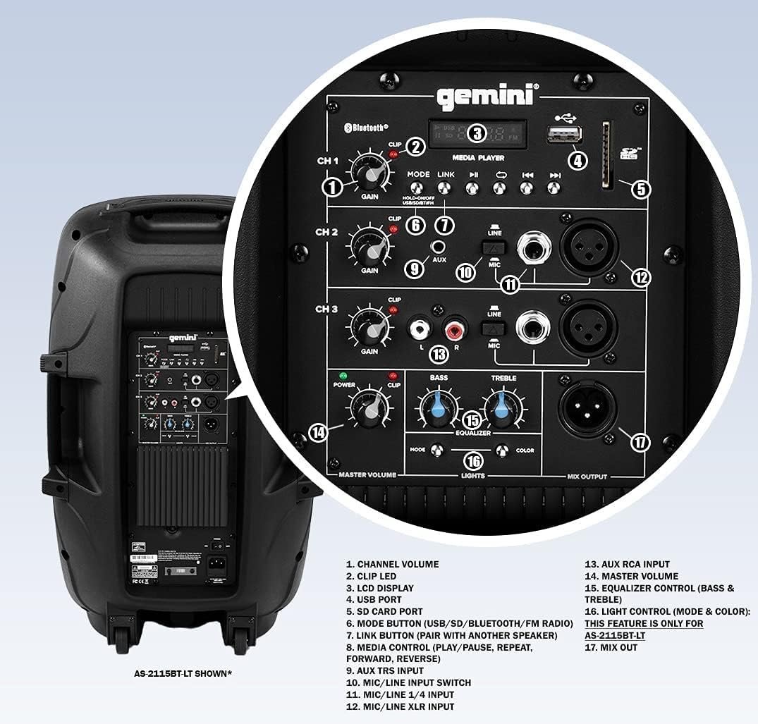 Gemini AS-2115BT-LT 2000-Watt 15-Inch Multi LED Bluetooth Loudspeaker