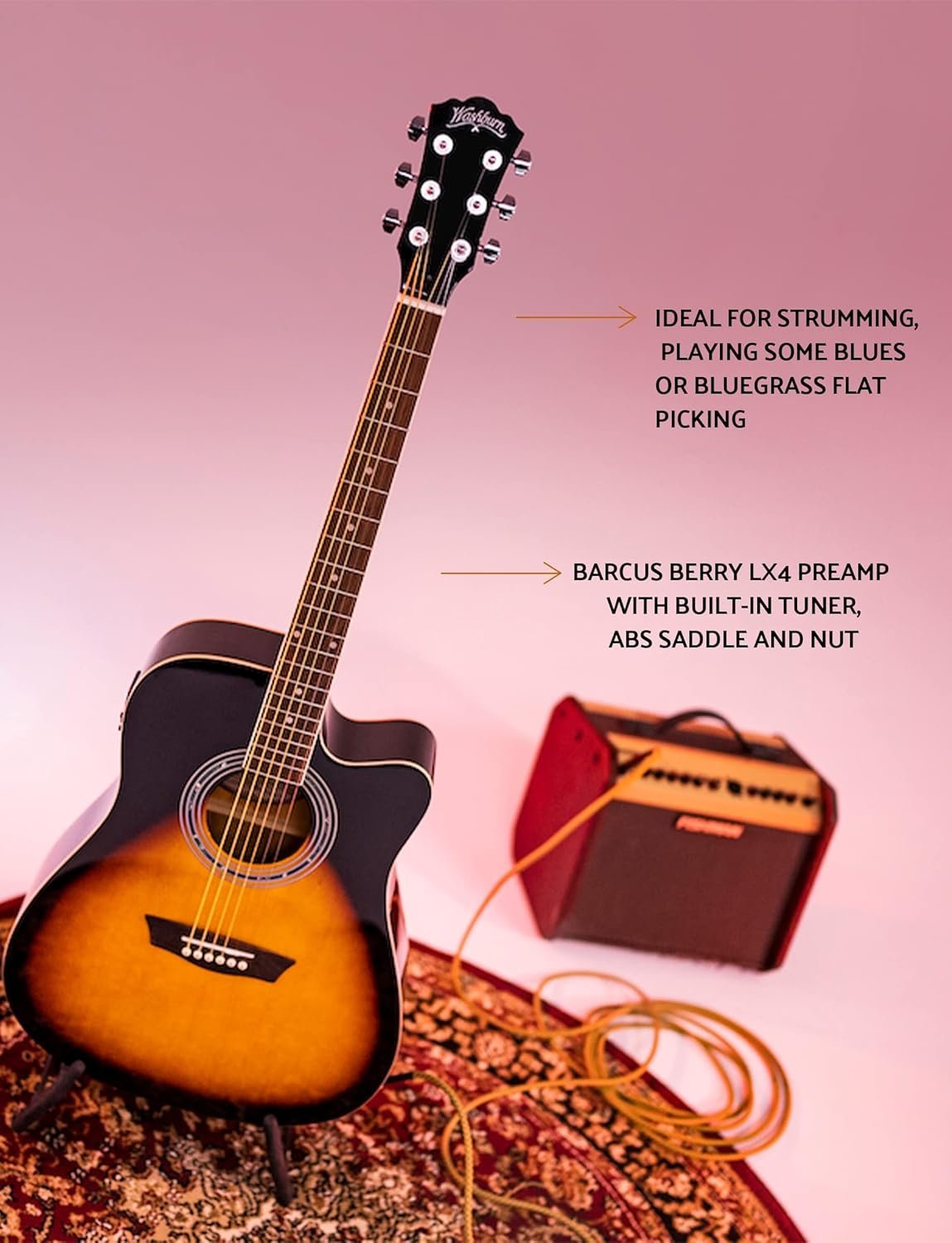 Washburn WA90CE VSB Dreadnought Electro Acoustic Guitar - Vintage Sunburst