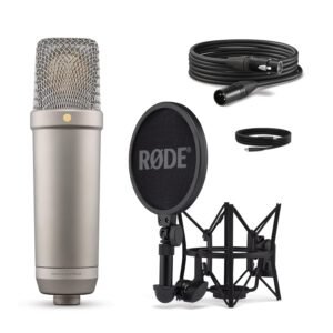 Rode Nt1 5Th Generation Large-Diaphragm Studio Condenser Microphone with XLR and USB Outputs, Shock Mount and Pop Filter for Music Production, Vocal Recording and Podcasting (Silver)