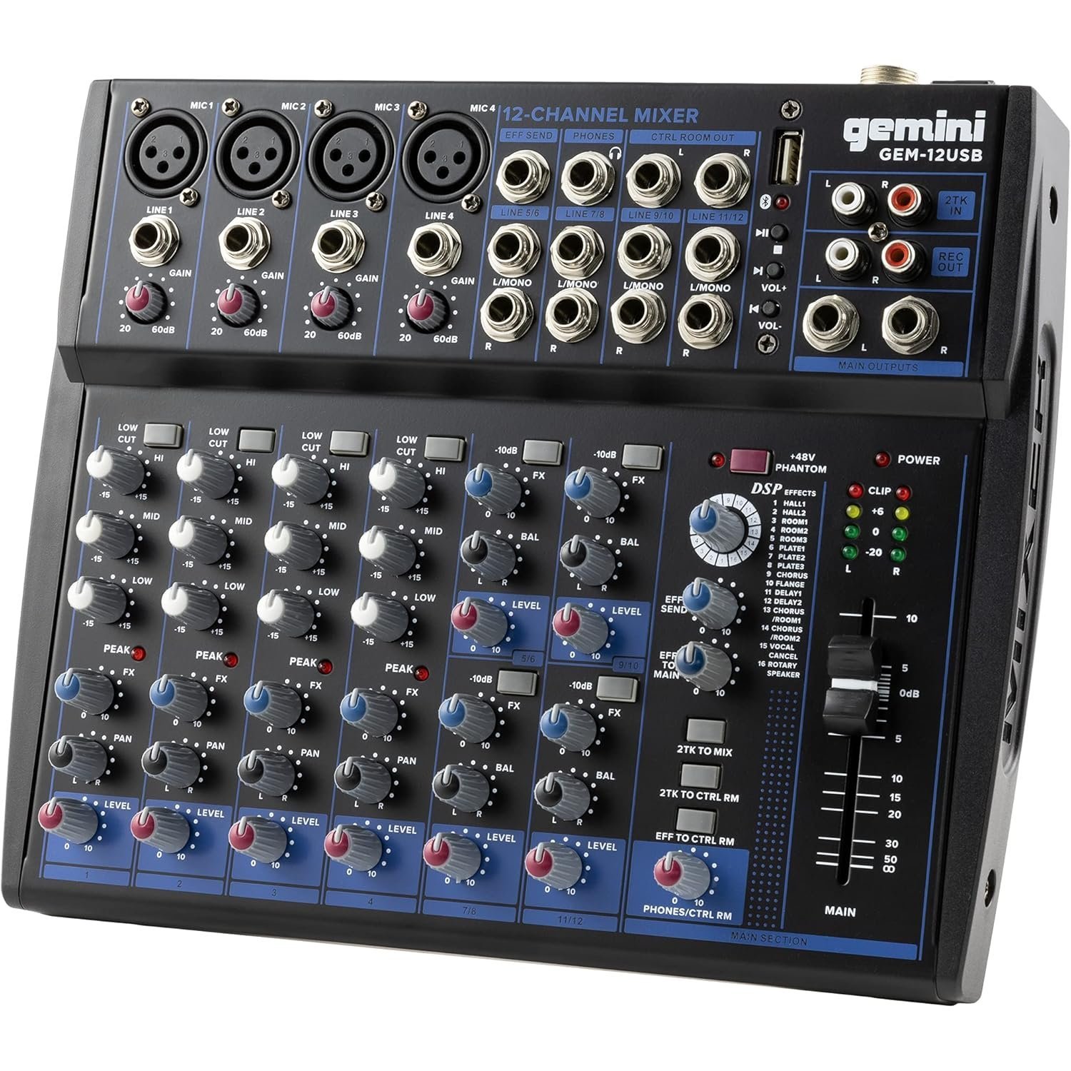 Gemini Sound GEM-12USB Compact 12 Channel Bluetooth Analog Audio Mixer - USB Playback (Black)
