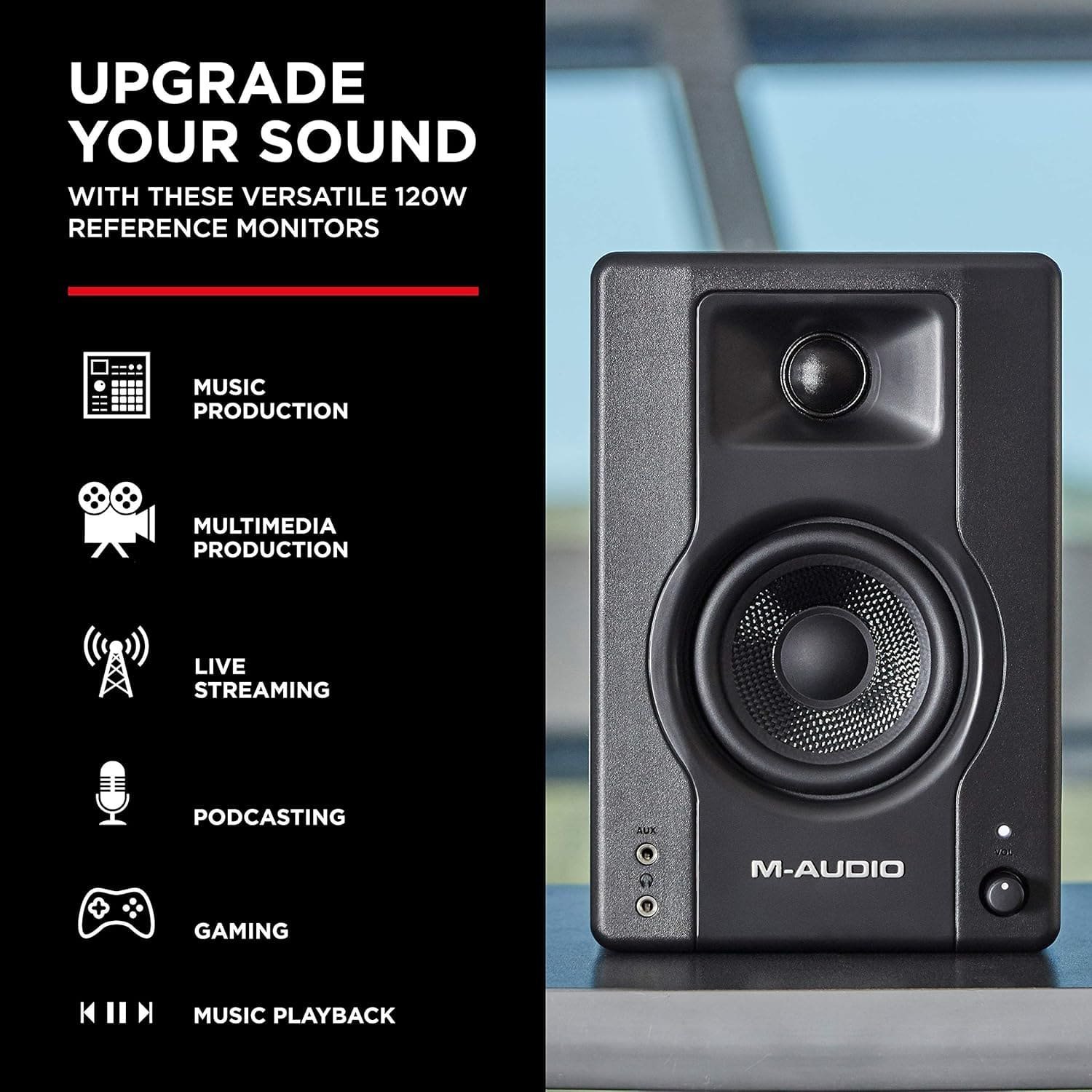684ea8a5439d28391c5387f07db70e4a9dfbd3b1a2f416ecd8813.jpg M-Audio BX3 BT 3.5" Black Kevlar 120-Watt Multimedia Bluetooth Reference Monitors (pair)
