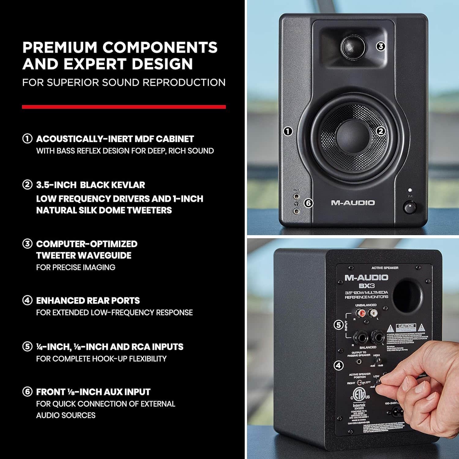 684ea8a691bd9f177ea5fa1a29709248dc11b4e2a1b1b08af25bf.jpg M-Audio BX3 BT 3.5" Black Kevlar 120-Watt Multimedia Bluetooth Reference Monitors (pair)