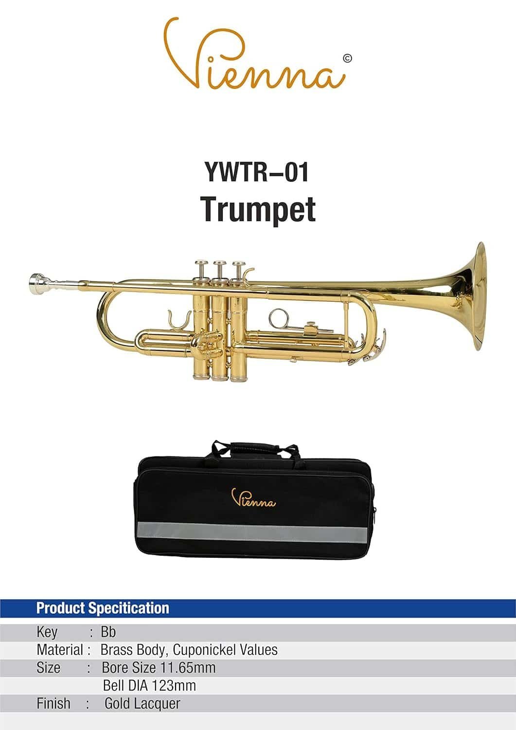 Vienna YWTR-01 Trumpet Bb Scale Gold Lacquer Sold By ChennaiMusicals