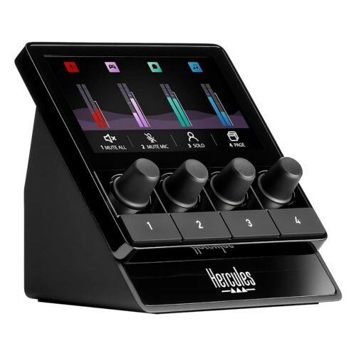 Hercules Stream 200 XLR Pro audio controller to master your audience and creator mixes live on screen with mic pre amp LCD