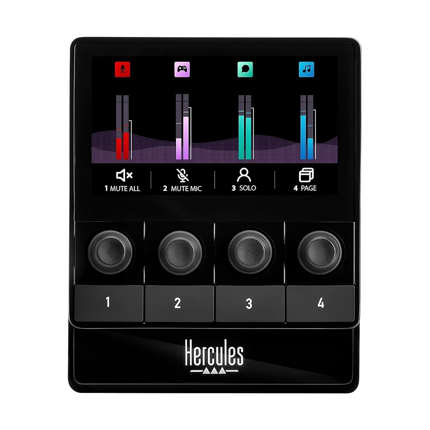 Hercules Stream 200 XLR Pro audio controller to master your audience and creator mixes live on screen with mic pre amp LCD