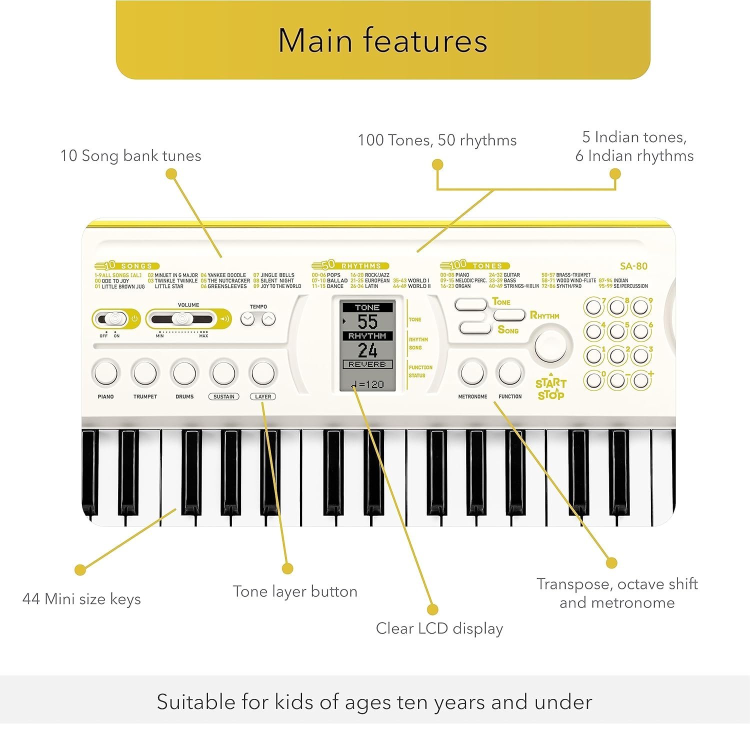 Casio SA-80 Casiotone 44-Keys Mini Keyboard With Adaptor - White
