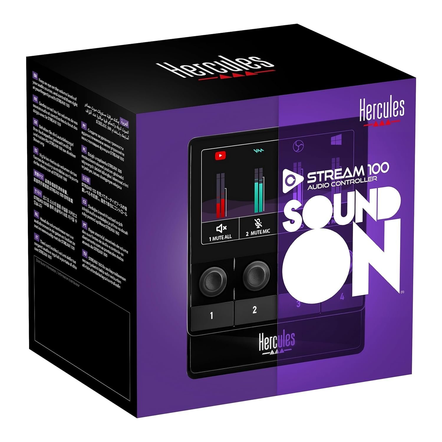 Hercules Stream 200 XLR Pro audio controller to master your audience and creator mixes live on screen with mic pre amp LCD