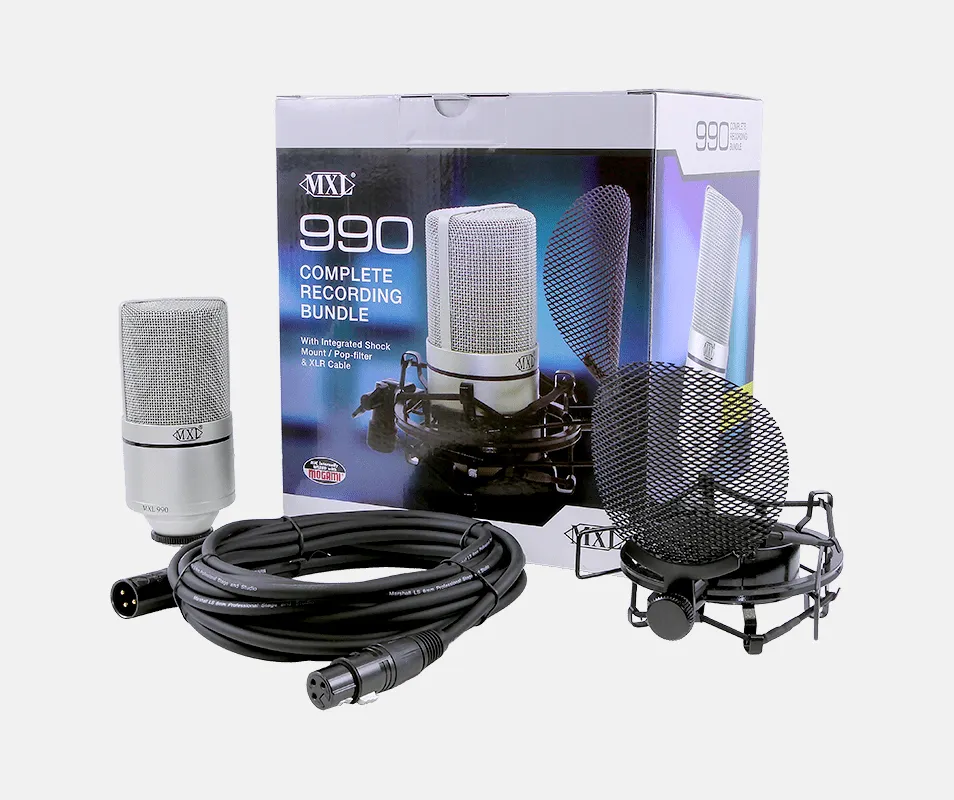 MXL 990 Condenser Microphone Complete Bundle Integrated Pop Filter With Shockmount Kit