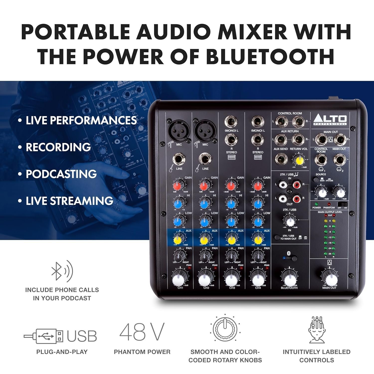 Alto Professional Truemix 600 Audio Mixer with 2 XLR Mic Ins, USB Audio Interface and Bluetooth for Podcasting
