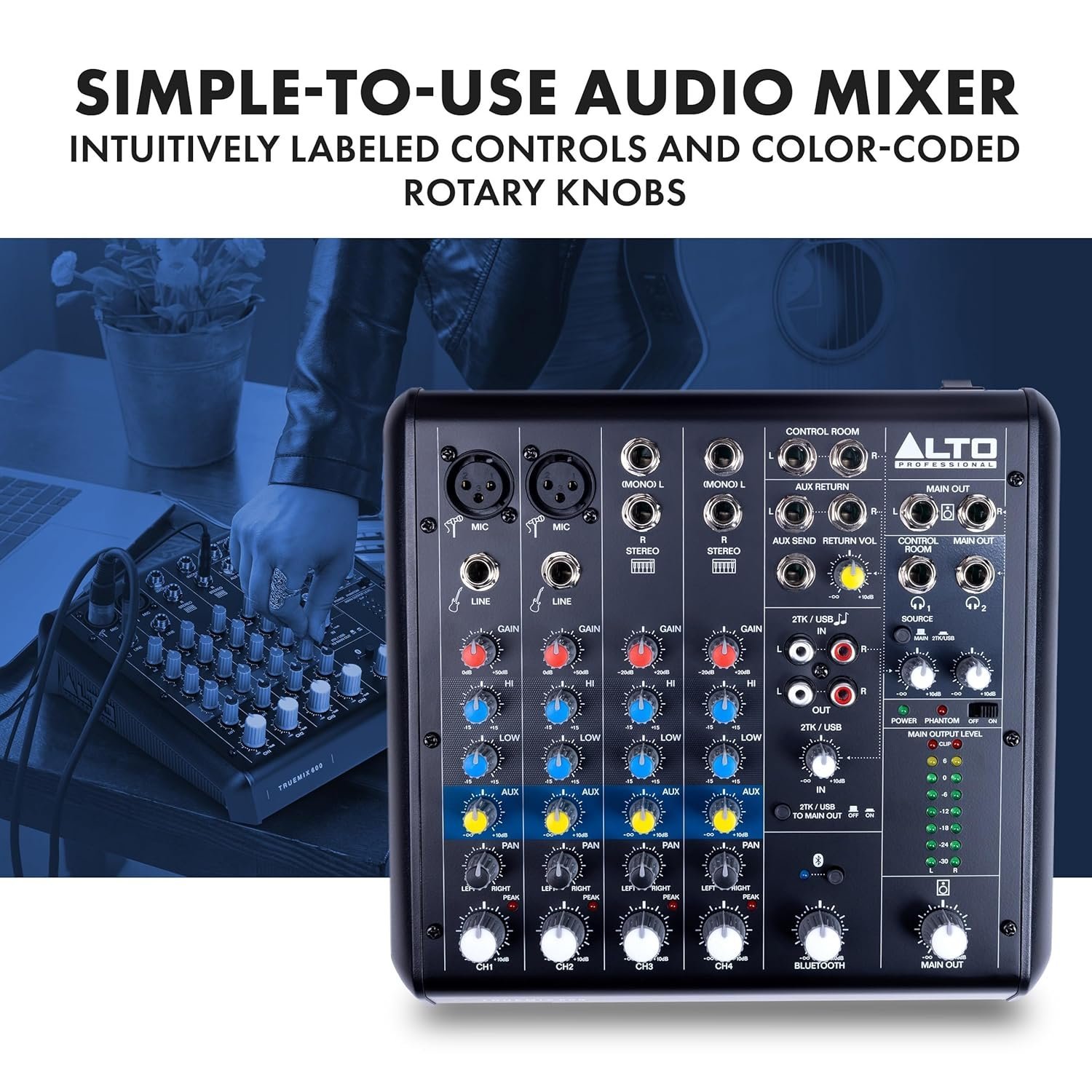 Alto Professional Truemix 600 Audio Mixer with 2 XLR Mic Ins, USB Audio Interface and Bluetooth for Podcasting