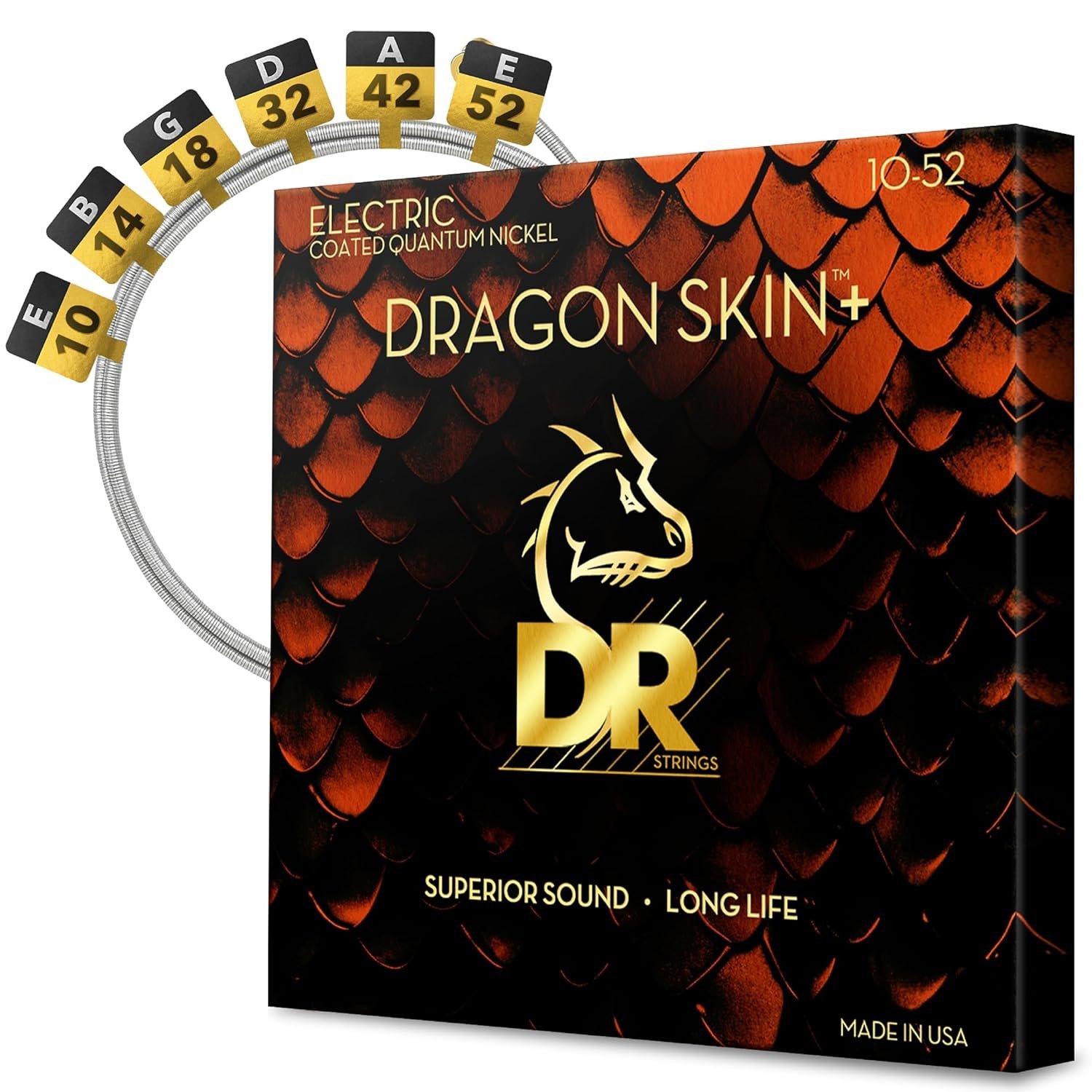 DR Strings DRAGON SKIN+ - Coated Quantum Nickel Electric Guitar Strings ? DEQ-10/52 ? Superior Sound with Comfortable Feel & Long Life ? Medium to Heavy 10-52