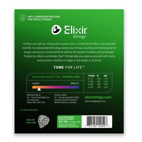 Elixir-14052-2.jpg Elixir 14052 Nickel Plated Nanoweb Light Long Scale 4 Bass Guitar Strings - 45-100