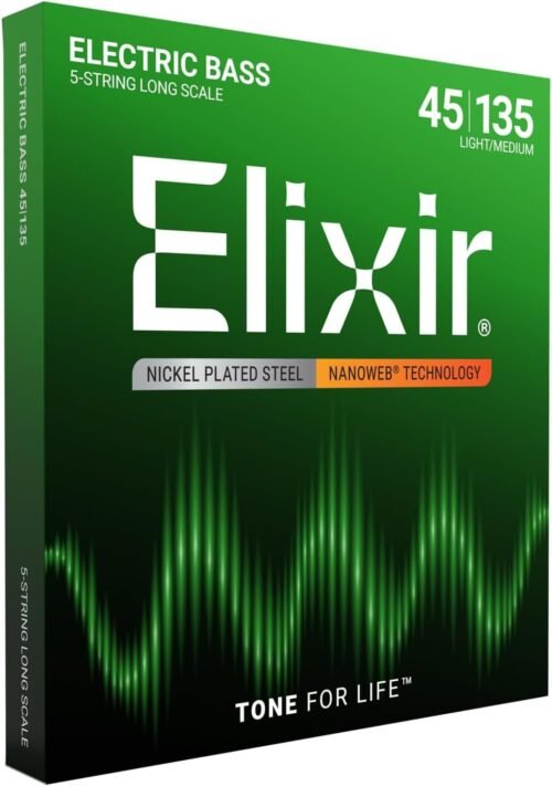 Elixir-14207-1.jpg Elixir Strings, Electric Bass Guitar Strings, Nickel Plated Steel with NANOWEB Technology, Longest-Lasting Warm Tone with Comfortable Feel, 5-String Set, Long Scale, Light/Medium 45-135