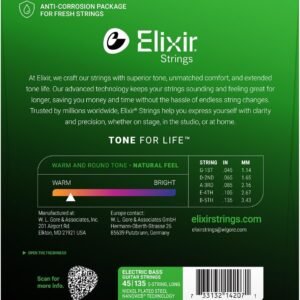 Elixir-14207-2-1.jpg Elixir Strings, Electric Bass Guitar Strings, Nickel Plated Steel with NANOWEB Technology, Longest-Lasting Warm Tone with Comfortable Feel, 5-String Set, Long Scale, Light/Medium 45-135