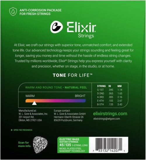 Elixir-14207-2-1.jpg Elixir Strings, Electric Bass Guitar Strings, Nickel Plated Steel with NANOWEB Technology, Longest-Lasting Warm Tone with Comfortable Feel, 5-String Set, Long Scale, Light/Medium 45-135