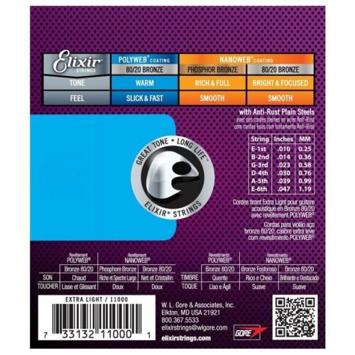 Elixir Strings 11000 Polyweb 80/20 Bronze Acoustic Guitar Strings - 010-047 Extra Light