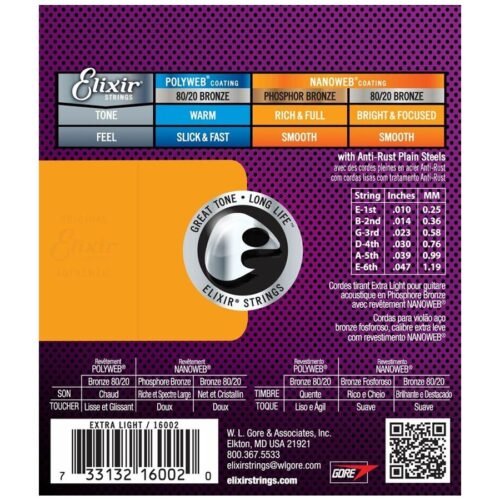 Elixir Strings 16002 Nanoweb Phosphor Bronze Acoustic Guitar Strings - 010-047 Extra Light