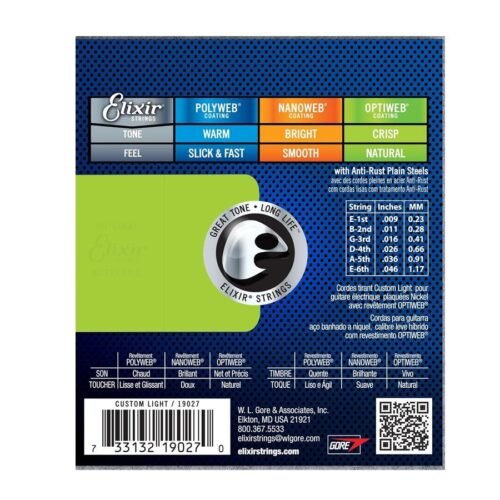 Elixir Strings 19027 Coated Nickel Electric Guitar Strings, Custom Light (.009-.046)