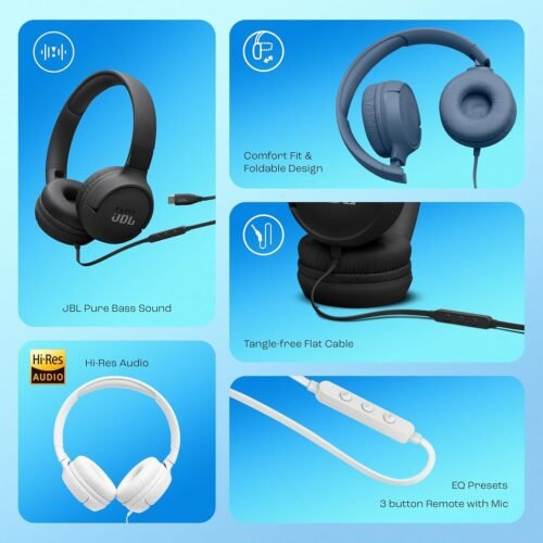 JBL Tune 520C On-Ear Type-C Wired Headphones with Mic (Blue)