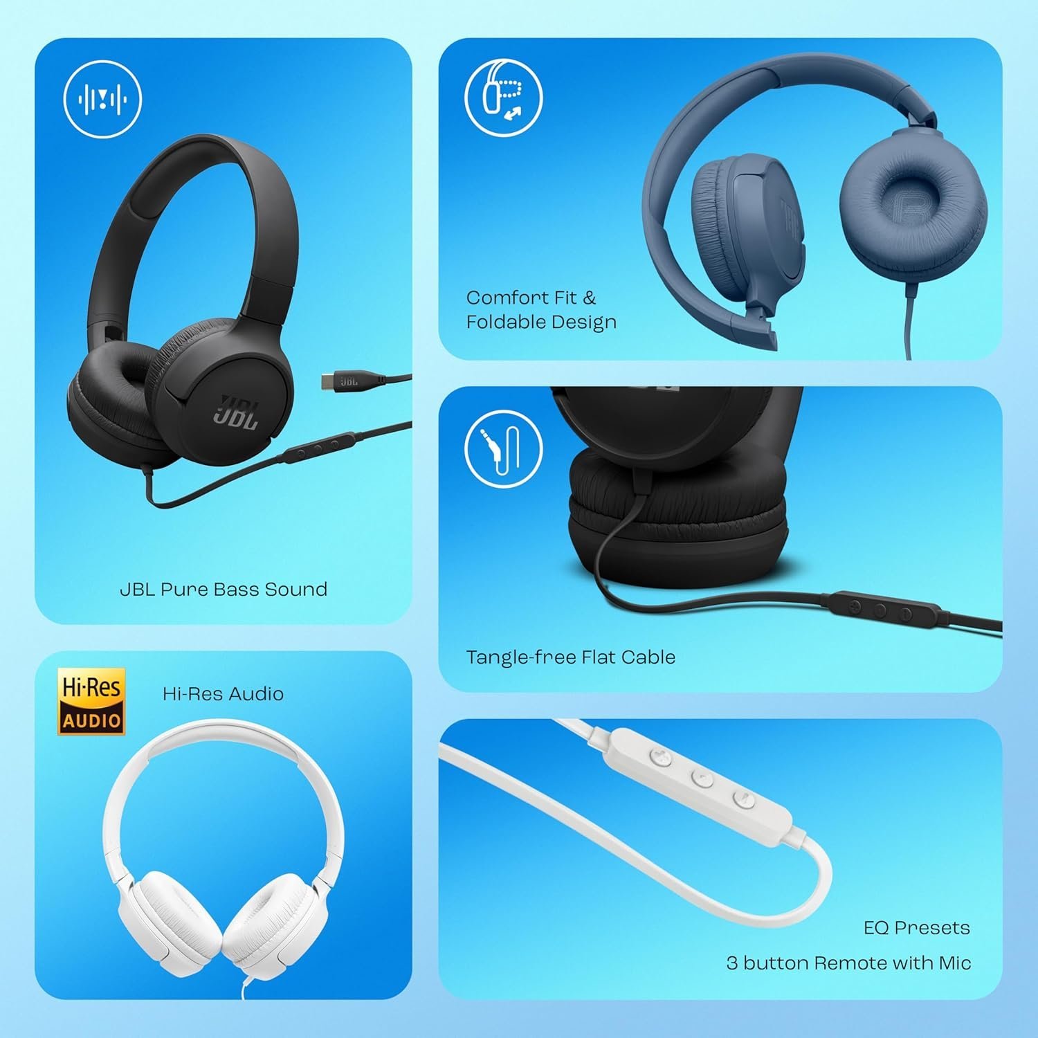 JBL Tune 520C On-Ear Type-C Wired Headphones with Mic (Blue)