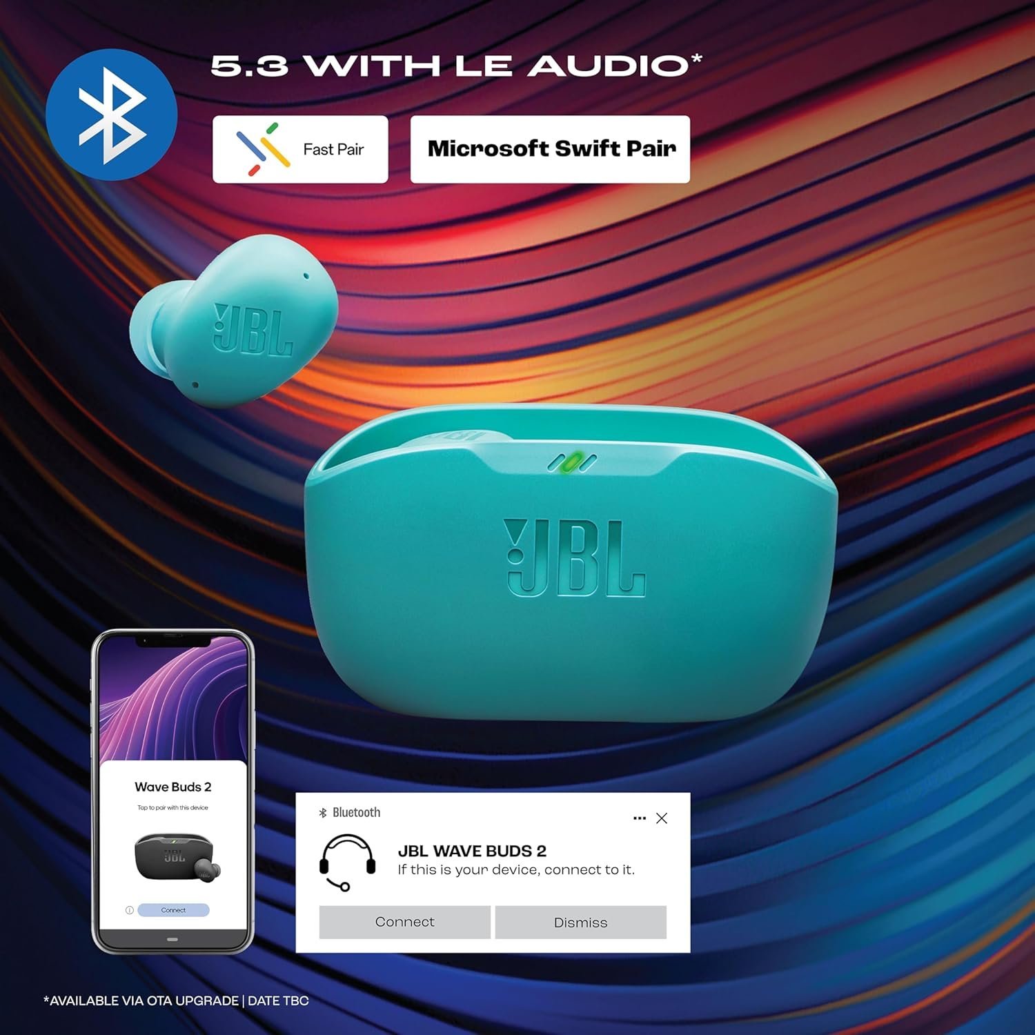 JBL Wave Buds 2 Wireless Earbuds with ANC & 40H Playtime (Blue)