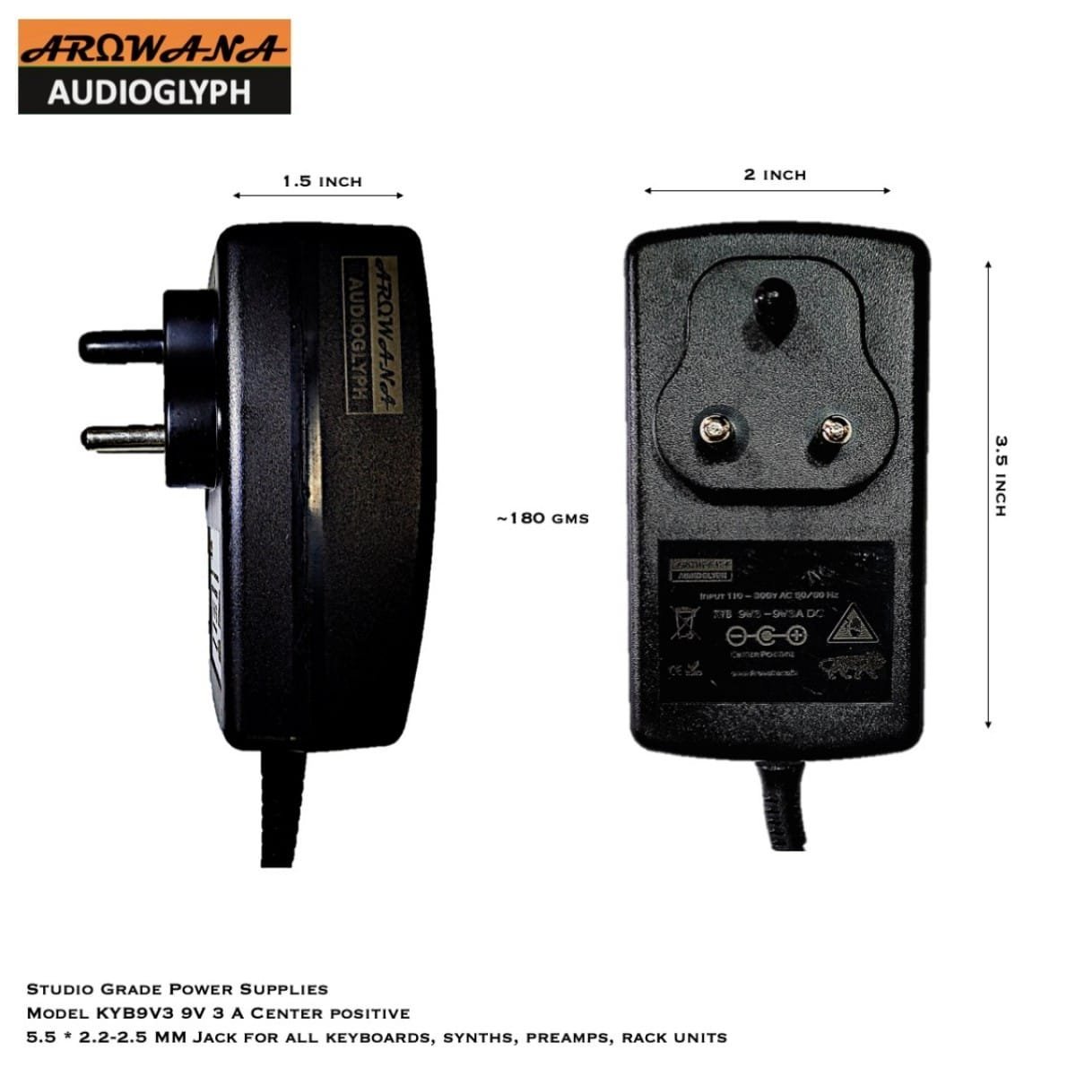 Arowana KYB9V3 Studio Grade Center Positive 9V 3A Power Supply for Keboards, Synthesizers & Preamps