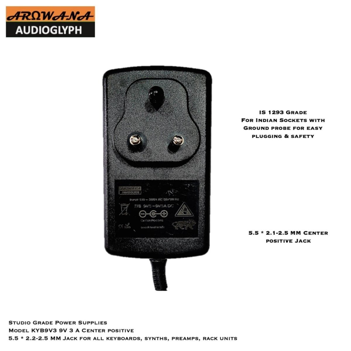KYB-9V3-3-1200x1200-2-1.jpeg Arowana KYB9V3 Studio Grade Center Positive 9V 3A Power Supply for Keboards, Synthesizers & Preamps