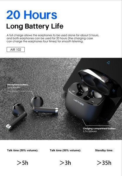 Lenyes AIR 102 TWS 8 hours Battery Life