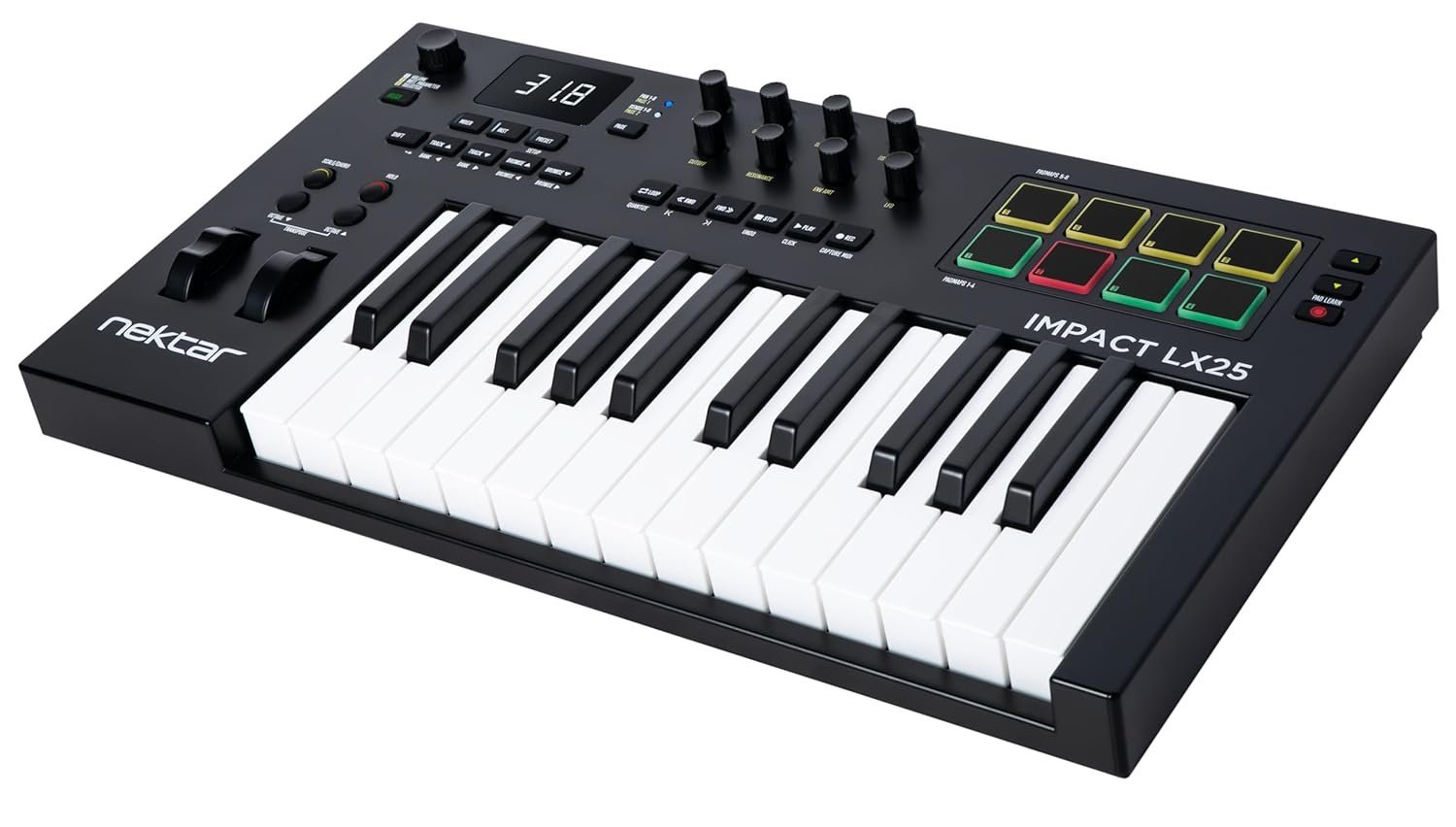 Nektar-Impact-LX25-3.jpg Nektar Impact LX25 mk3 MIDI Keyboard Controller | 25 Key Velocity-Sensitive Keyboard with DAW Integration, Pads, Faders, Encoders, Scale & Chord Mode, NKS Support, Compatible with Mac/PC