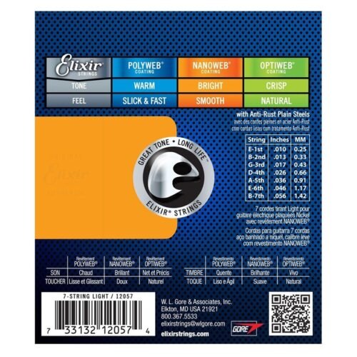 Elixir Strings 12057 Nanoweb Electric Guitar Strings - 010-056 Light 7-string