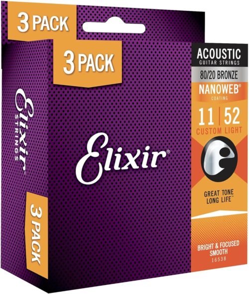 Elixir Strings, Acoustic Guitar Strings, 80/20 Bronze with NANOWEB Coating, Longest-Lasting Bright and Focused Tone with Comfortable Feel, 6 String Set, 3 Pack, Custom Light 11-52