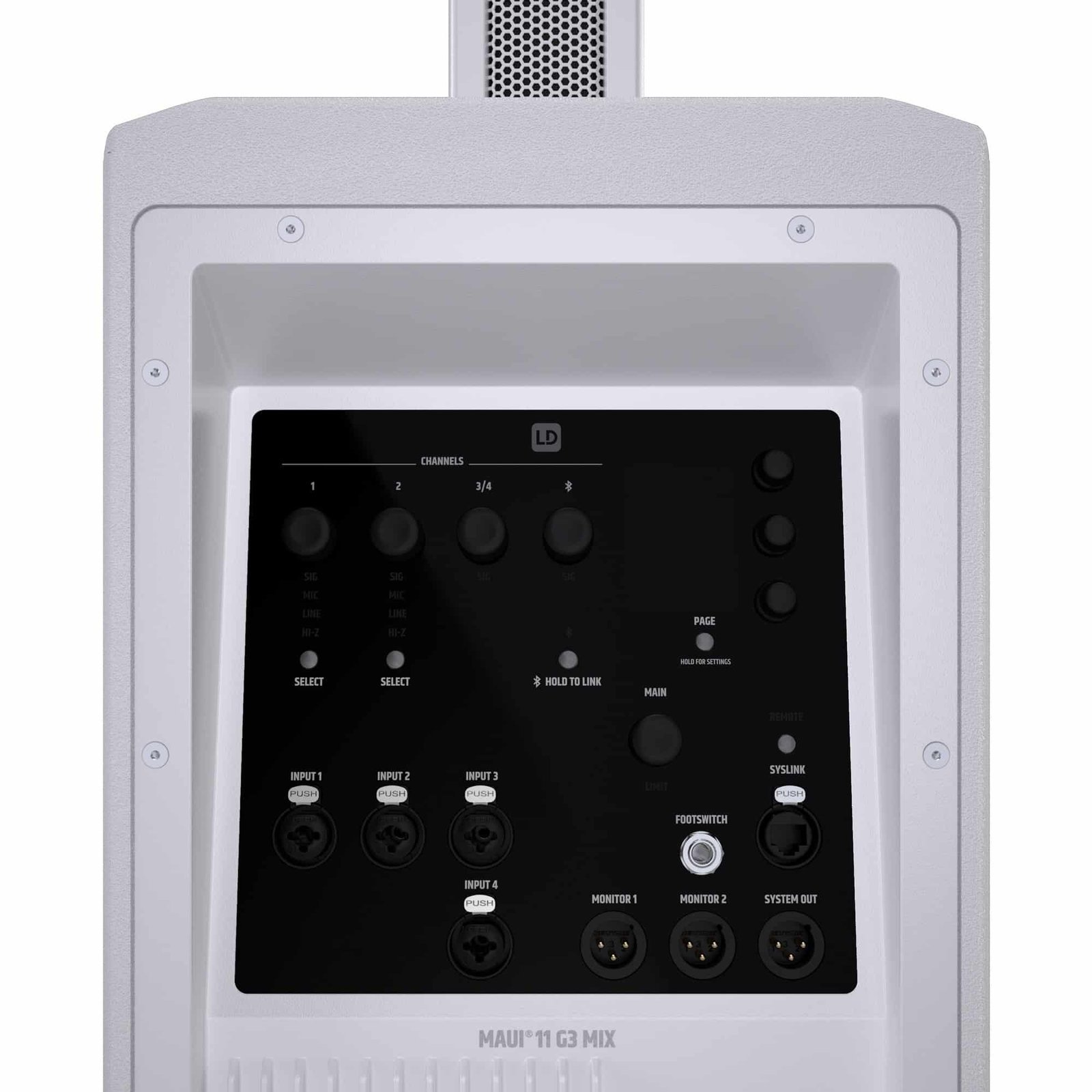 LD System Portable cardioid column PA system, white, with 6ch digital mixer & app control