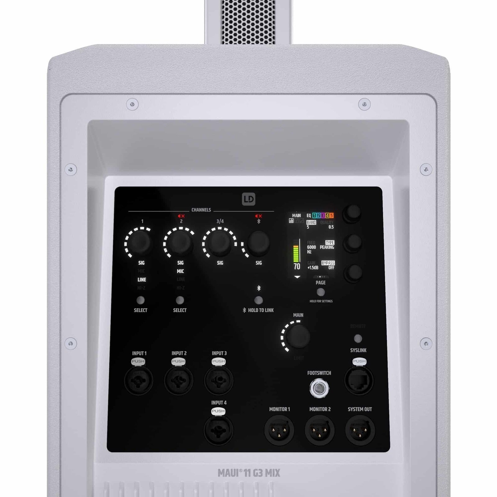 LD System Portable cardioid column PA system, white, with 6ch digital mixer & app control