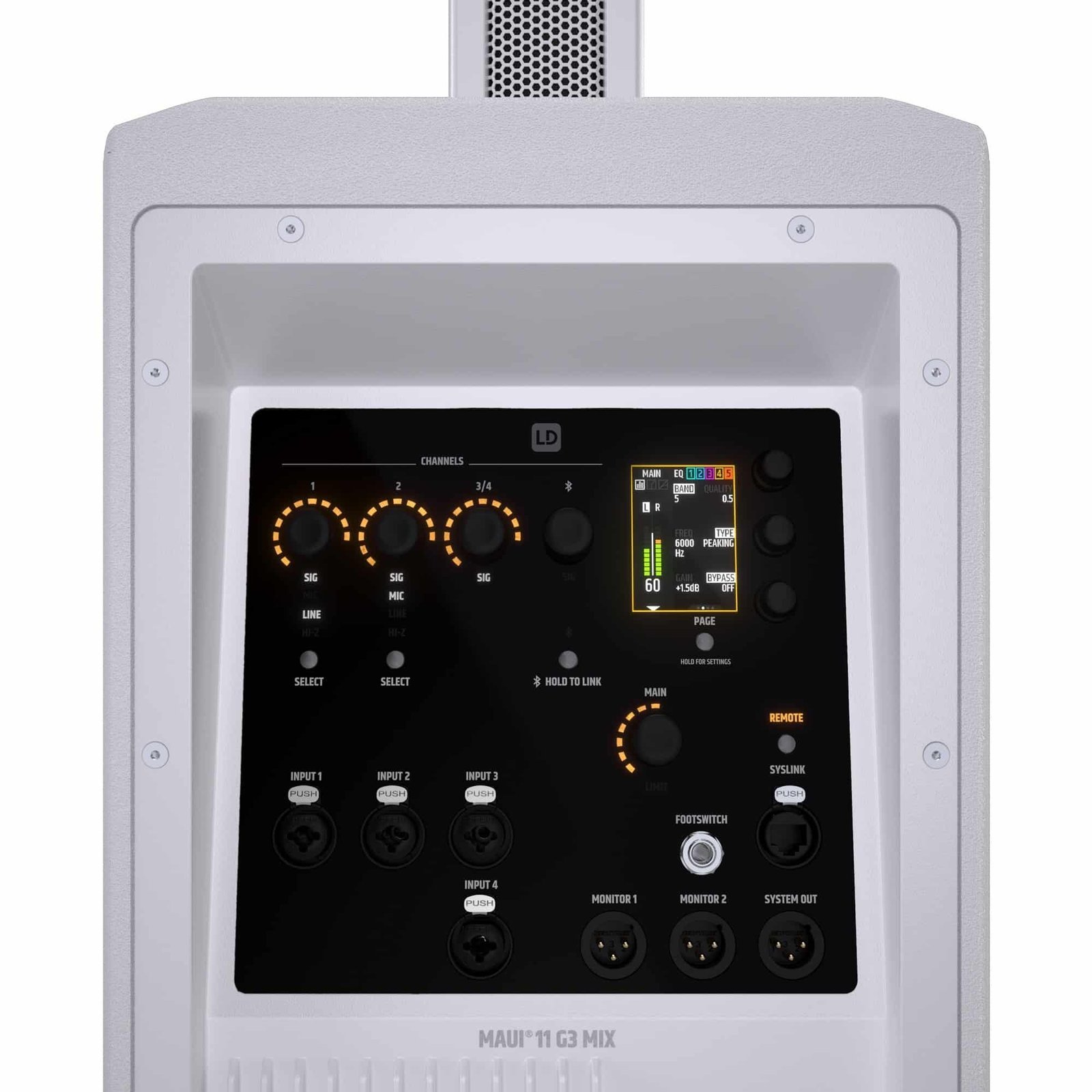 LD System Portable cardioid column PA system, white, with 6ch digital mixer & app control