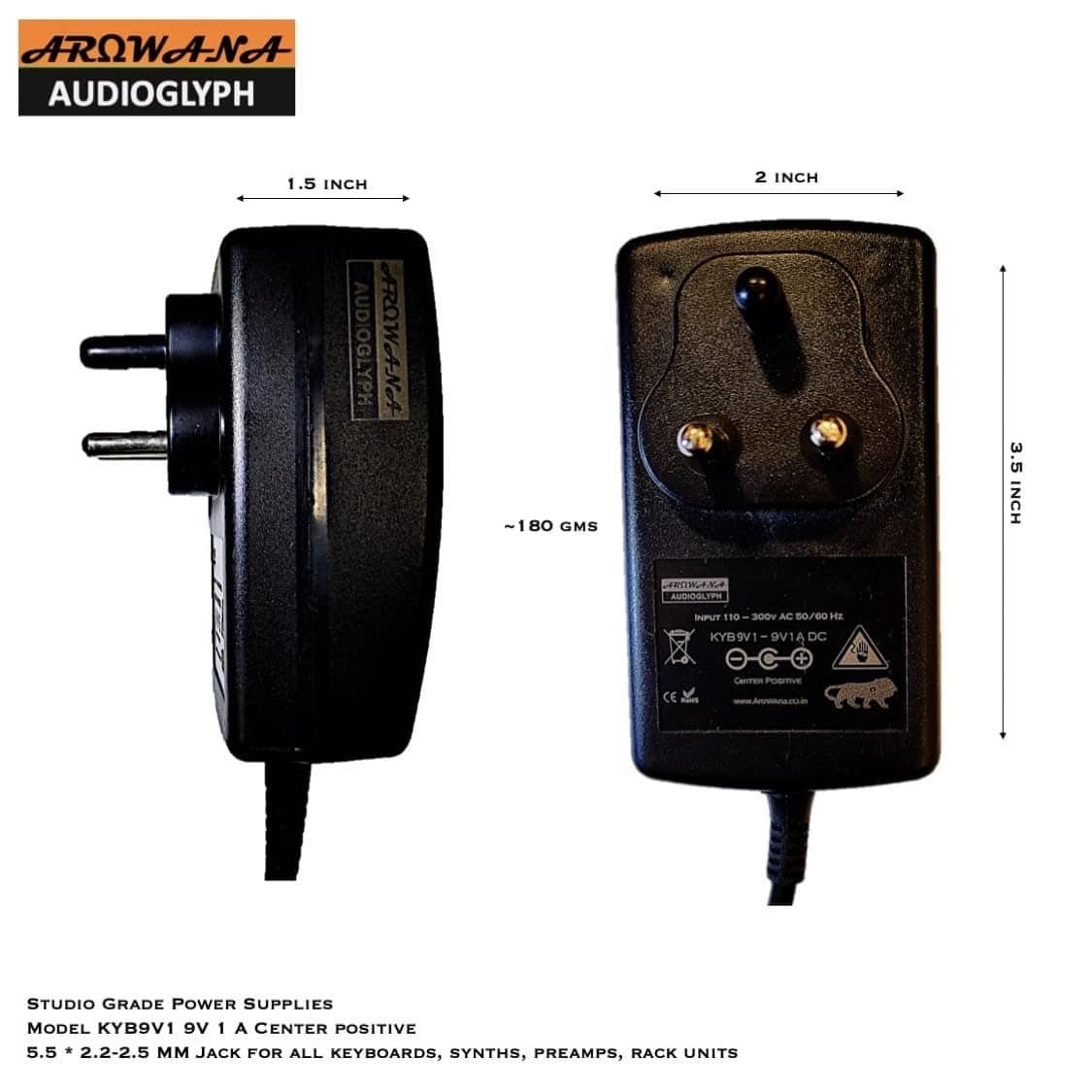 imgi_175_614tBN8kalL._SL1125_.jpg Arowana KYB9V1 9V 1 Amp Center Positive Power Supply for Keyboards, Synths, Preamps