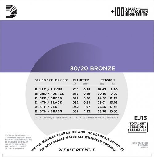 D’ADDARIO EJ13 2 D’ADDARIO EJ13 80/20 BRONZE ACOUSTIC GUITAR STRINGS, 011-052