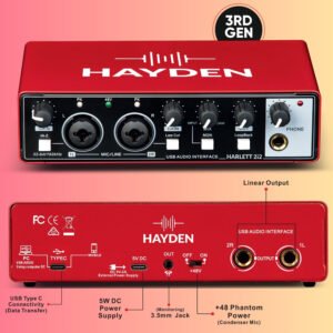 HAYDEN HARLETT 2i2 3rd Gen USB Audio Interface, 2-In 2-Out Recording Sound Card, 32-Bit/192kHz, 48V Phantom Power, XLR/TRS Combo Inputs, Studio Audio for Guitar, Vocals, Podcast & Streaming