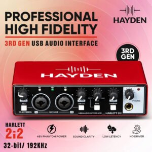 HAYDEN HARLETT 2i2 3rd Gen USB Audio Interface, 2-In 2-Out Recording Sound Card, 32-Bit/192kHz, 48V Phantom Power, XLR/TRS Combo Inputs, Studio Audio for Guitar, Vocals, Podcast & Streaming
